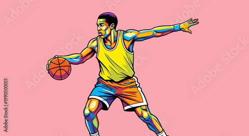 An illustration of a determined basketball player dribbling the ball, showcasing athleticism and skill. The player is focused and ready to make a play