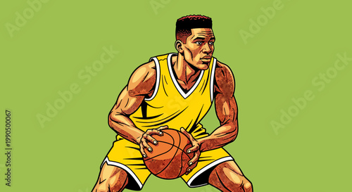 A basketball player holding the ball, ready to play basketball. The illustration is on a green background. 