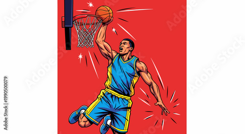 A basketball player making a slam dunk, with dynamic action and energy. The player is in mid-air, focused on scoring