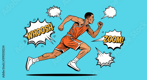 A dynamic illustration of a person running with WHOOSH and ZOOM speech bubbles, showcasing speed and action. The person is wearing sportswear