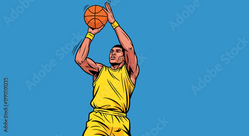 A basketball player poised to shoot the ball, demonstrating strength and skill. He's clad in a yellow uniform, ready to score 