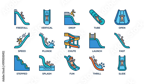 Water slide and amusement park slide icons on white background