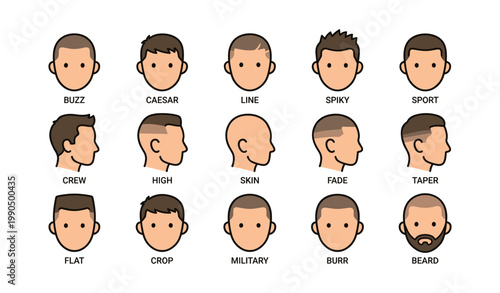 Men's haircut style icons arranged in labeled grid