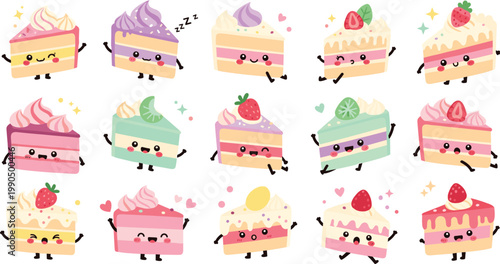 Cute Kawaii Cake Slice Characters Illustration Set Featuring Cartoon Desserts with Faces, Strawberry, Cream, and Pastel Colors for Kids Design and Sweet Food Themes