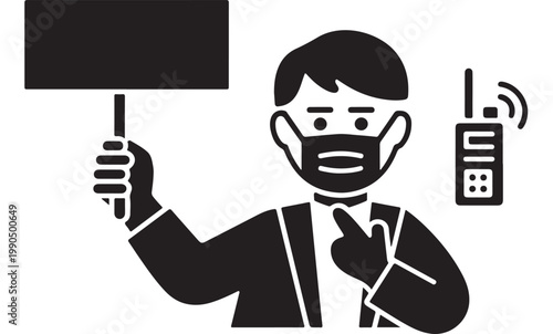Masked Man Holding Blank Sign and Radio for Safety Warning, Public Health and Communication Concepts