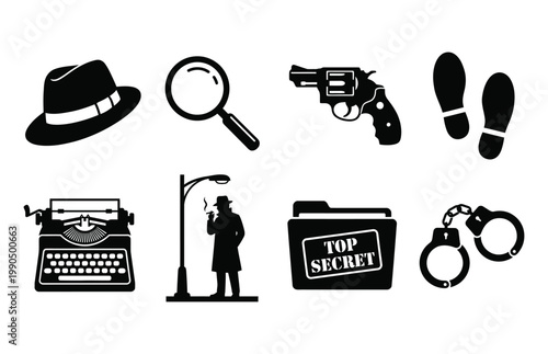 Detective icon set for mystery and crime investigation themes