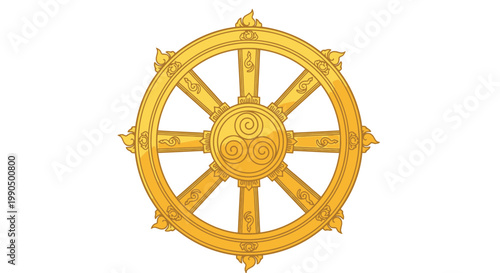 Golden Eight Spoked Wheel Representing Ancient Eastern Spiritual Wisdom Isolated on White Background for Meditation and Religious Cultural Design