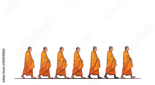Seven Buddhist Monks Wearing Orange Robes Walking Together In A Procession Isolated Against A Plain White Background For Spiritual Concepts teacher
