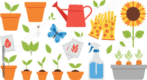 Gardening Tools and Plants Collection with Flower Pots, Watering Can, Gloves, Seeds and Sunflower for Home Garden Care and Spring Vector Illustration.