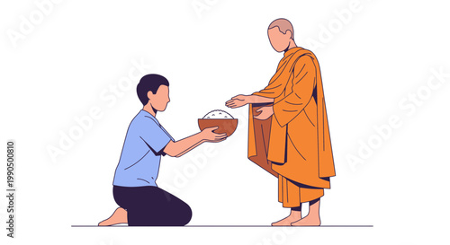 Buddhist monk receiving alms from a devotee in a simple, traditional, stylized, flat illustration style, depicting a serene and spiritual act of generosity and charity in a Buddhist context.