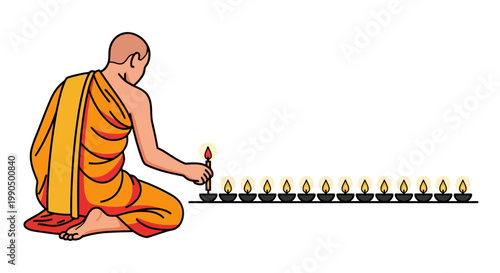 Buddhist monk lighting candles in serenity, traditional Asian spiritual practice, peaceful meditation, minimalist line art style, simplicity