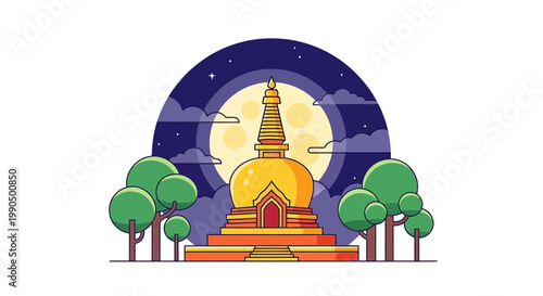 Buddhist temple pagoda at night with full moon, colorful vibrant cartoon flat design, serene peaceful landscape, Thailand