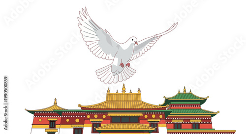 Traditional Chinese architecture with pagoda roof and white dove flying overhead in stylized graphic art style symbolizing peace and harmony in Asian culture and history