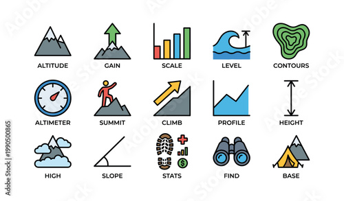 Mountain and altitude icons set arranged in grid on white background