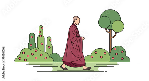 A serene Buddhist monk walking in a peaceful garden with trees, flowers, and greenery, depicted in a colorful, flat, minimalist, line-art style, conveying a sense of calmness and spiritualit