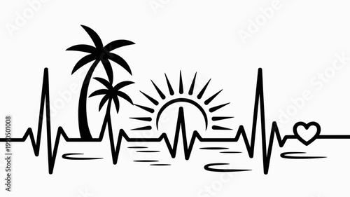 A heartbeat line transforms into a beach scene with palm trees and a setting sun.