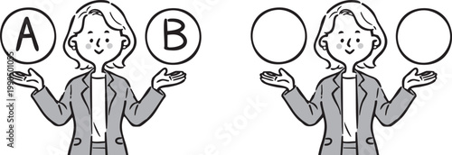 AとBの選択肢　キャリアウーマン　上半身　ベクター（モノクロ）