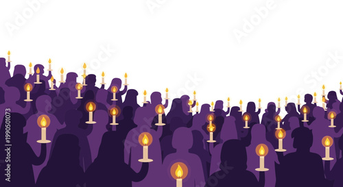 A large crowd of people holding lit candles in a peaceful protest or vigil at night in a minimalist vector silhouette style on a white background with purple hues