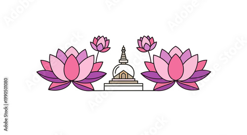 Buddhist temple Stupa surrounded by pink and purple lotus flowers in minimalist line art style on white background symbolizing spirituality and enlightenment in Southeast Asia