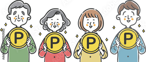 ポイントのコインを持つ家族二世代　上半身　ベクター