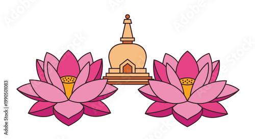 Buddhist temple with pink lotus flowers, serene spiritual scene, vector art, peaceful atmosphere, Stupa architecture, Buddhist symbolism, floral motifs, sacred lotus blooms, meditation inspi