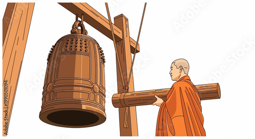 Buddhist Monk Holding Wooden Log To Strike A Large Metal Hanging Temple Bell For Ritual Sound Ceremony Inside A Traditional Religious Sanctuary