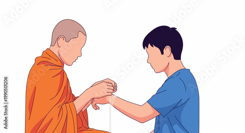 Buddhist Monk Performing Traditional Wrist Tying Blessing Ritual for a Young Man Seeking Spiritual Guidance and Good Fortune in a Calm Setting