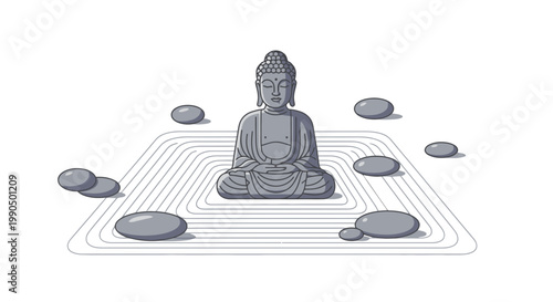 Stone Buddha Statue Sitting in Zen Garden with Raked Sand Patterns and Smooth Pebbles for Mindfulness Meditation and Spiritual Peace Environment