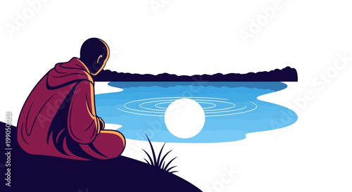 A contemplative monk in robes sitting peacefully by a serene lake while watching the moon reflection shimmering on the quiet water at night time