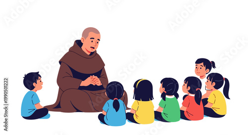 A robed monk telling educational stories to a circle of attentive children sitting on the floor in a quiet learning session on white background