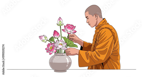 A Buddhist monk in saffron robes carefully arranging fresh lotus flowers inside a rounded ceramic vase for a traditional religious ritual ceremony