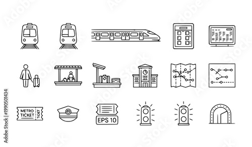 Train transport station linear icon set railway vector