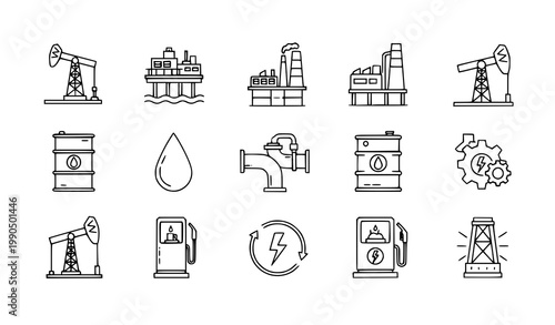 Oil gas industry outline icon set petroleum energy vector