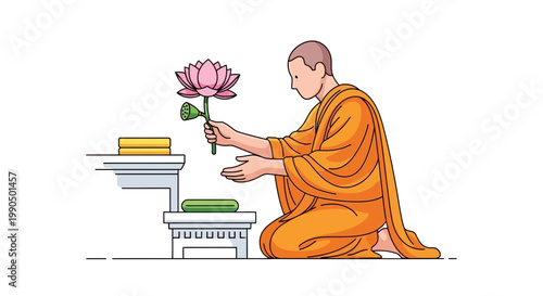 A Buddhist monk dressed in orange robes kneeling down and offering a pink lotus flower on a stone altar during a peaceful spiritual ritual teacher