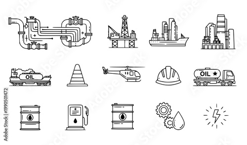 Energy infrastructure oil operations icon set vector