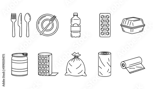 Plastic packaging outline icon set disposable container vector
