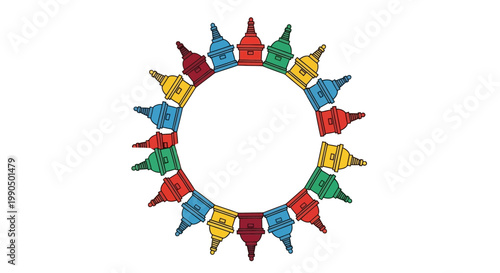 Circular Arrangement of Colorful Stylized House Icons Representing Community Neighborhood Development and Real Estate Property Selection Concepts