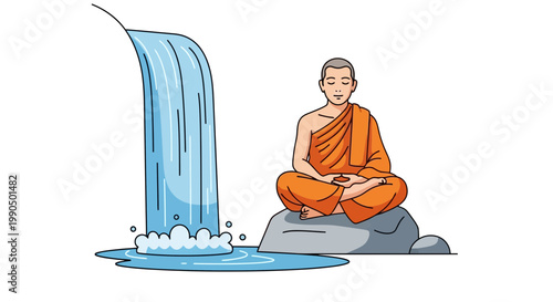 Buddhist monk sitting in meditation on a rock near a falling waterfall representing peaceful mindfulness and spiritual awareness in nature settings