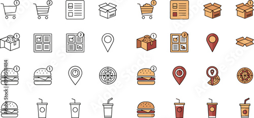 Delivery and food service icons set with shopping cart, packages, fast food, drinks and location pins, ecommerce and logistics vector illustration collection