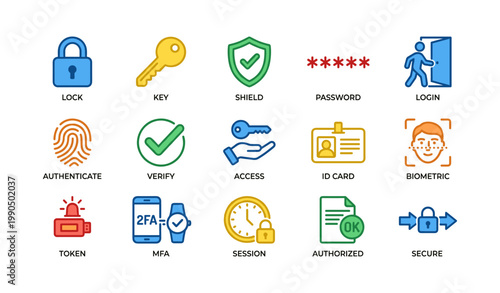 Security and authentication icons shown in grid on white background