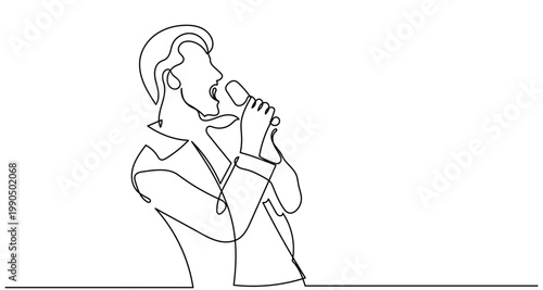 Continuous line drawing of a male musician singing with a microphone, modern continuous line style, pop singer rock star performance concept vector illustration.