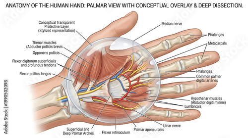 Anatomy of the human hand, palmar view with conceptual transparent overlay and deep dissection, illustrating palmar aponeurosis, flexor tendons, lumbricals, thenar and hypothenar muscles, digital nerv