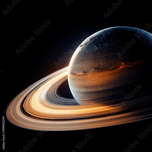 Ringed planet in deep space with glowing golden rings, dark shadows, and dramatic cosmic light creating a striking astronomy scene.