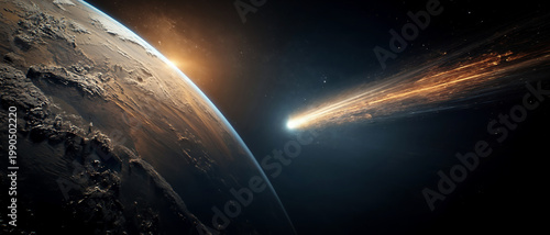 Asteroid approaching a planet in dark space, with a fiery trail and dramatic cosmic light creating a cinematic disaster scene.
