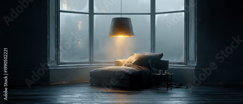 Moody bedroom interior with a soft bed, large window, and warm lamp light creating a quiet, atmospheric home scene.