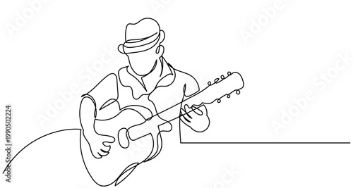 single one-line drawing of a male singer playing guitar and singing into a microphone, continuous line style, rock star and pop music concept vector illustration.