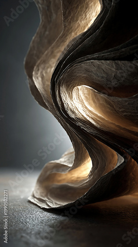 Abstract organic rock formation with flowing curves, earthy textures, and dramatic light, creating a moody natural fine art scene.