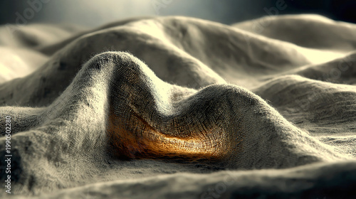 Abstract fabric folds resemble a soft hilly landscape, with dramatic natural light and muted textures creating a calm fine art mood.