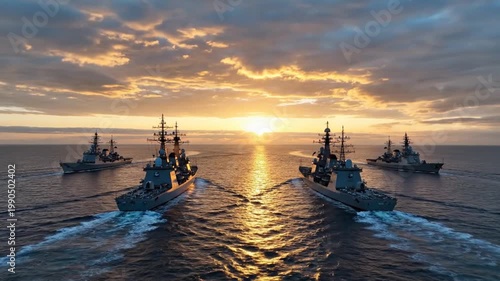 Modern naval warships sailing in formation at golden sunset