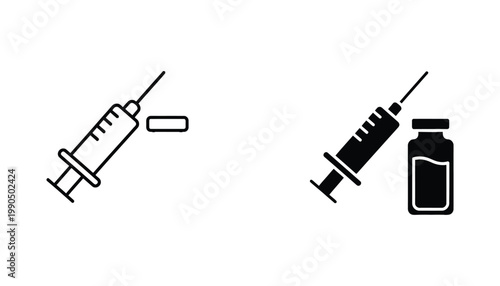 Medical syringe and vaccine vial icon set in flat line and solid style for healthcare and vaccination campaign graphics